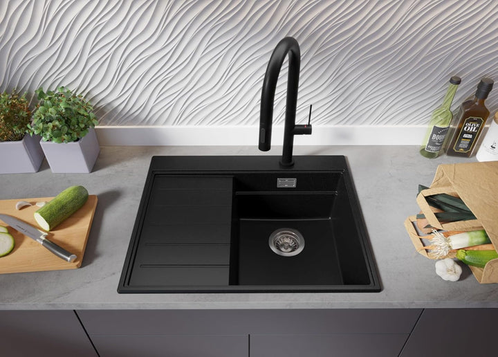 PRIMAGRAN Spülbecken Schwarz 62x50cm, Granitspüle 1 Becken + Ablauf-Set, Küchenspüle ab 40er Untersc