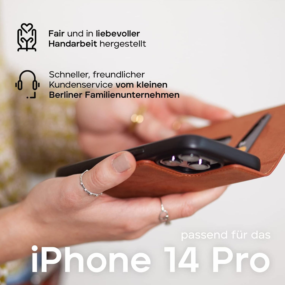 WIIUKA Hülle für iPhone 14 Pro, Leder aus Deutschland, mit Kartenfach, extra Dünn, Handyhülle mit St