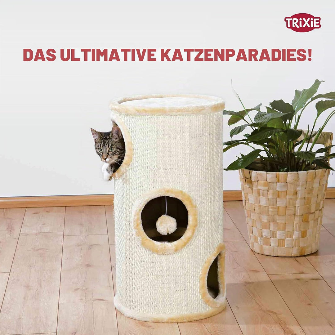 TRIXIE Kratztonne für Katzen Samuel 70 cm in natur/beige – dreistöckige Katzentonne mit gepolsterter