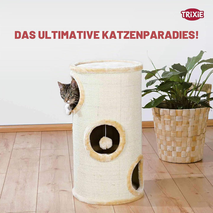 TRIXIE Kratztonne für Katzen Samuel 70 cm in natur/beige – dreistöckige Katzentonne mit gepolsterter
