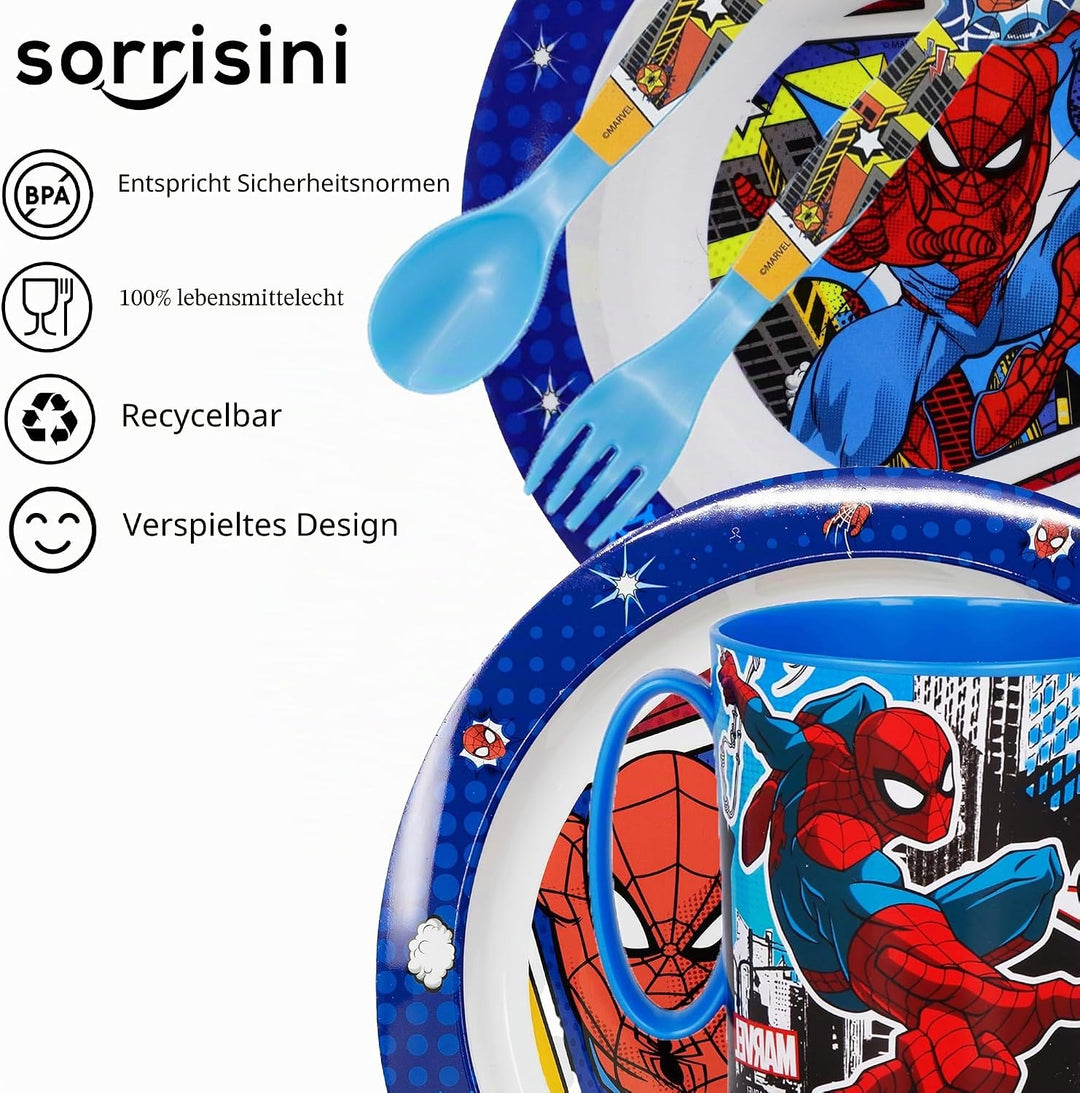 Sorrisini Kindergeschirr Set Spiderman, Wiederverwendbares Babygeschirr Set, Kinder Essgeschirr, Mic
