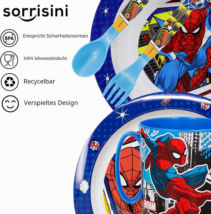 Sorrisini Kindergeschirr Set Spiderman, Wiederverwendbares Babygeschirr Set, Kinder Essgeschirr, Mic