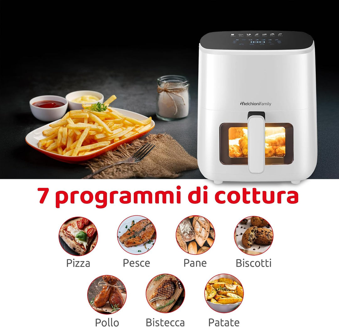 Melchioni Family Marianna New Luftfritteuse, 5 l, kompakt, mit Antihaft-Behälter, Touch-Display, 7 P
