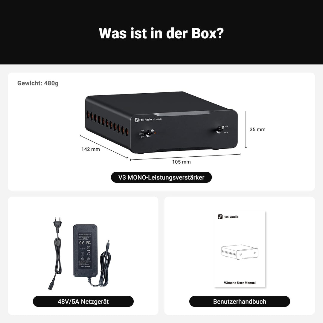Fosi Audio V3 Mono Leistungsverstärker für passive Lautsprecher, Mini Monoblock Class D Verstärker m
