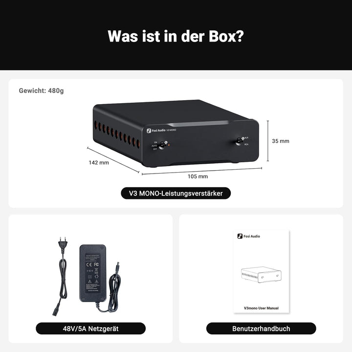 Fosi Audio V3 Mono Leistungsverstärker für passive Lautsprecher, Mini Monoblock Class D Verstärker m