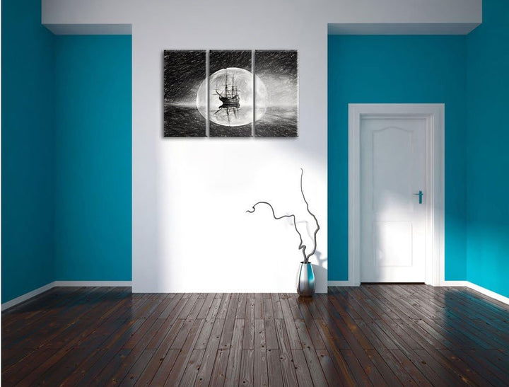 Pixxprint Geisterschiff im Weltall Kunst / 3-Teilig/Gesamtmass 120cm Leinwandbild bespannt auf Holzr