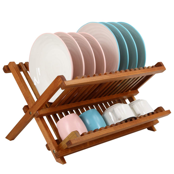 Utoplike Collapsible Teak Geschirrständer Stand Abtropffläche, 2 Etagen Geschirrständer mit Tassenha
