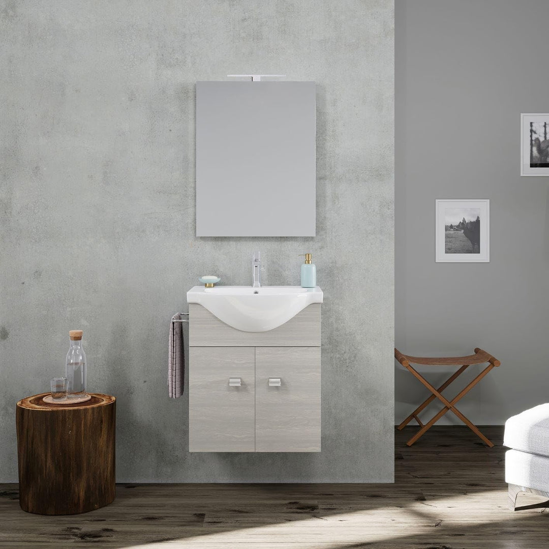 KIAMAMI VALENTINA wandmontierter badezimmerschrank 56,5cm 2a Eiche grau waschbecken Spiegel und meta