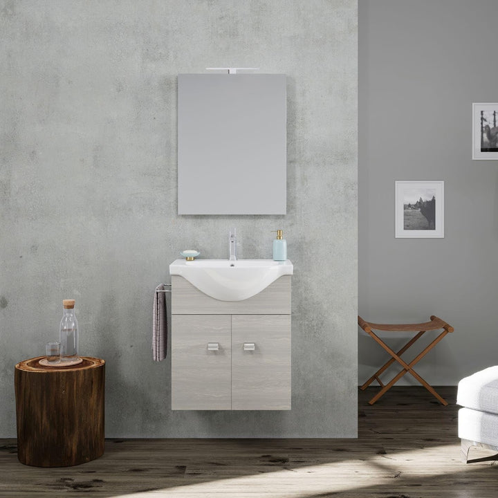 KIAMAMI VALENTINA wandmontierter badezimmerschrank 56,5cm 2a Eiche grau waschbecken Spiegel und meta