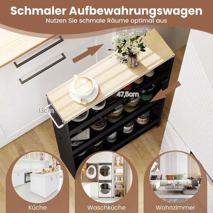 COSTWAY Nischenwagen 13cm breit, 4 Etagen Küchenwagen schmal mit Ladestation, Nischenregal auf Rolle