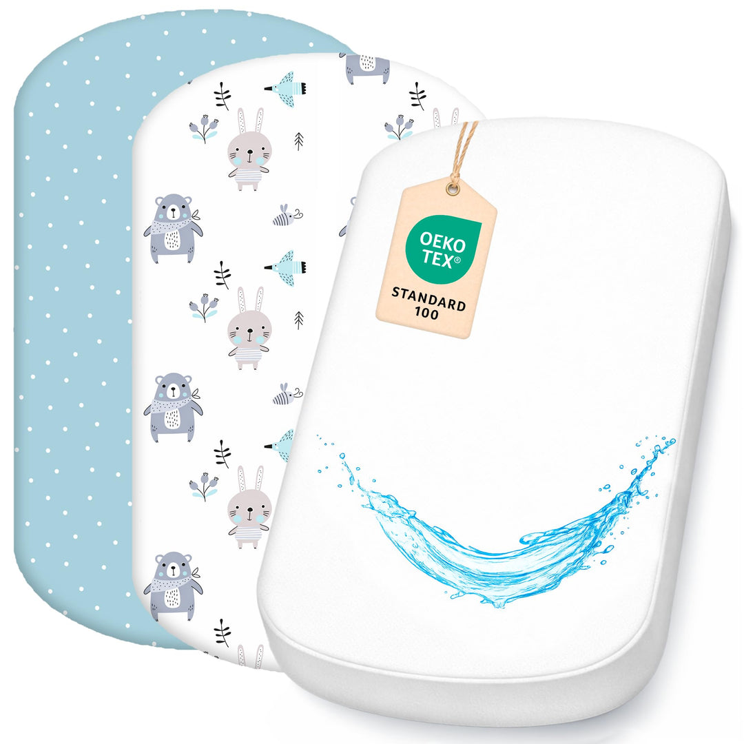 Lovely Hippo 2X Spannbettlaken 83x50cm 100% Baumwolle + 1X Matratzenschoner 100% wasserdichtem Mater