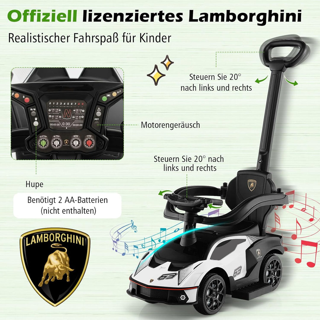 COSTWAY Rutschauto Lamborghini, Rutschfahrzeug mit Schiebstange & Stauraum, Schiebeauto mit Lenkrad