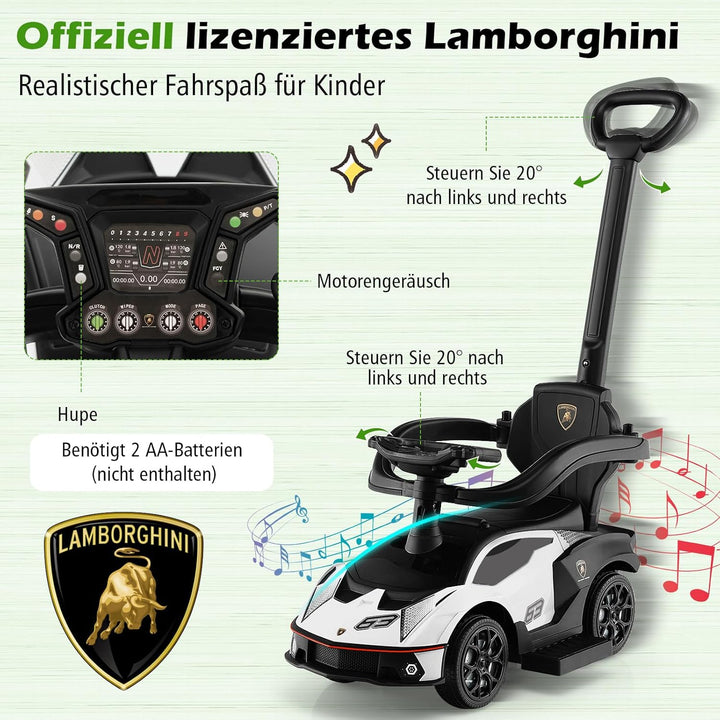 COSTWAY Rutschauto Lamborghini, Rutschfahrzeug mit Schiebstange & Stauraum, Schiebeauto mit Lenkrad