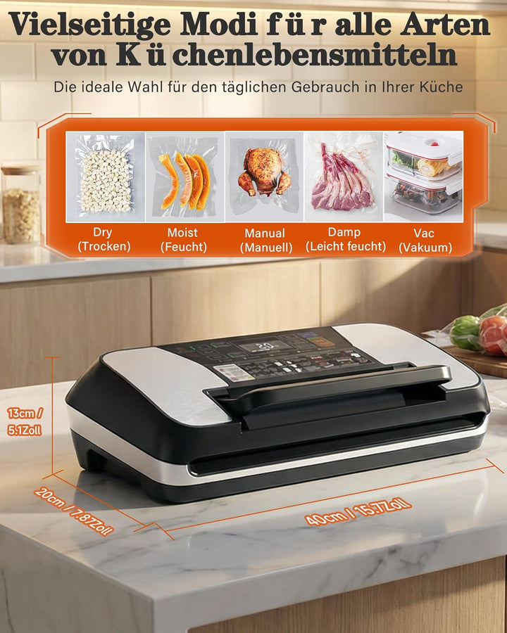 Vakuumiergerät für Lebensmittel 95 kPa, 12-in-1 Vacuum Sealer mit doppelter Schweissnaht, Easy-Lock-