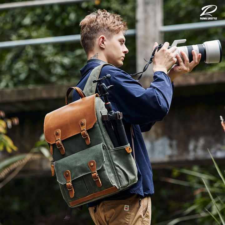 Padwa Lifestyle Grüner Kamerarucksack - wetterfeste Kameratasche aus gewachstem Memory Canvas mit 16