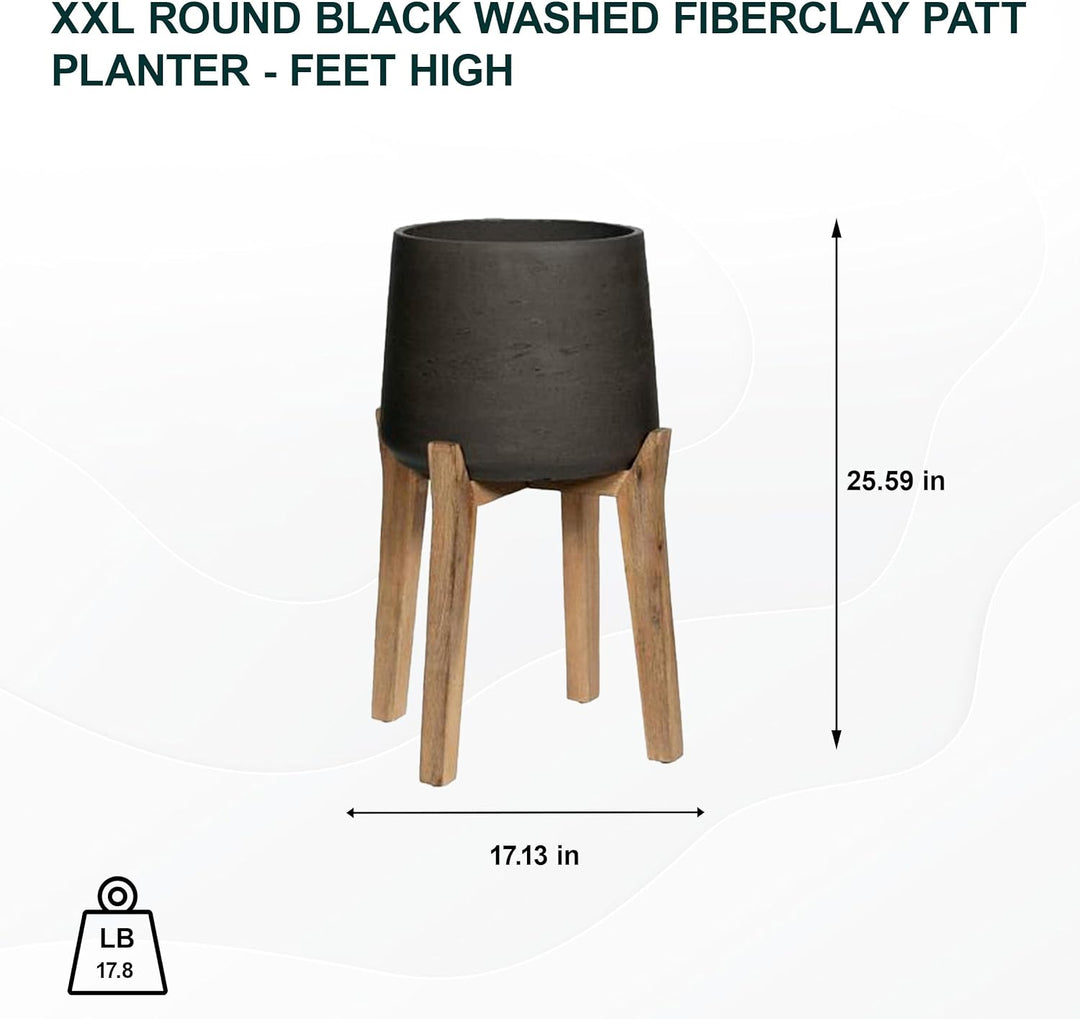 Finestgreen Patt Feet High | Handgefertigtes Pflanzgefäss auf Holzfüssen (XXL Ø:43,5 H:65 cm, Schwar