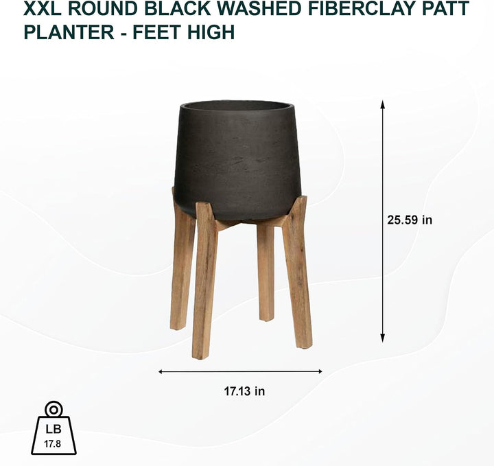 Finestgreen Patt Feet High | Handgefertigtes Pflanzgefäss auf Holzfüssen (XXL Ø:43,5 H:65 cm, Schwar