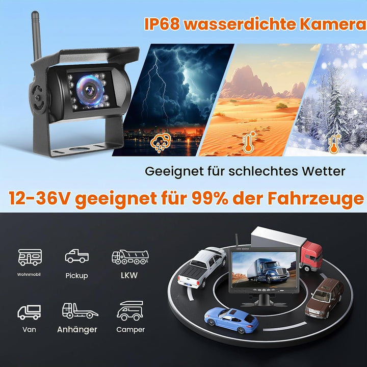 Hikity 7 Zoll Monitor, Kabellos Stabile Digital Rückfahrkamera Kit für Van LKW SUV Pickup mit IP68 w