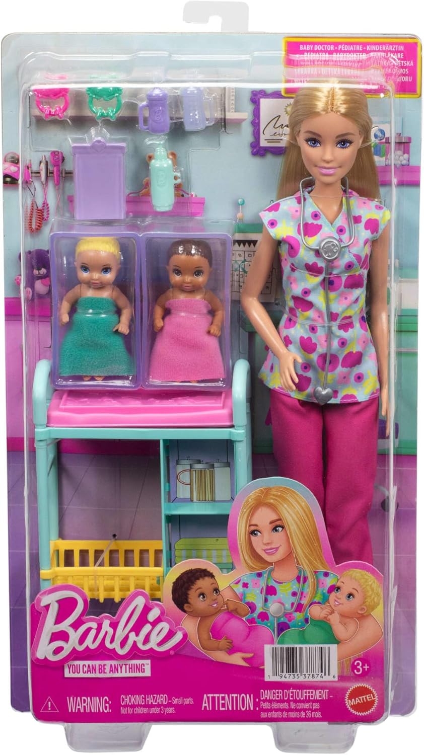 Barbie Karriere Kinderärztin-Spielset mit Blonder Puppe in OP-Bekleidung, 2 Baby-Puppen, Behandlungs