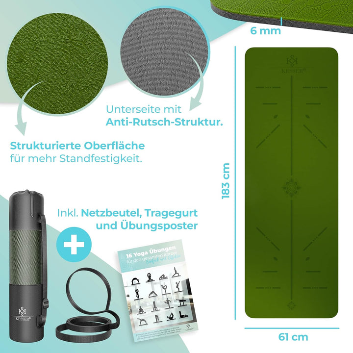 KESSER® Gymnastikmatte mit Tragegurt rutschfest TPE Yogamatte Gepolstert & rutschfest Fitnessmatte,