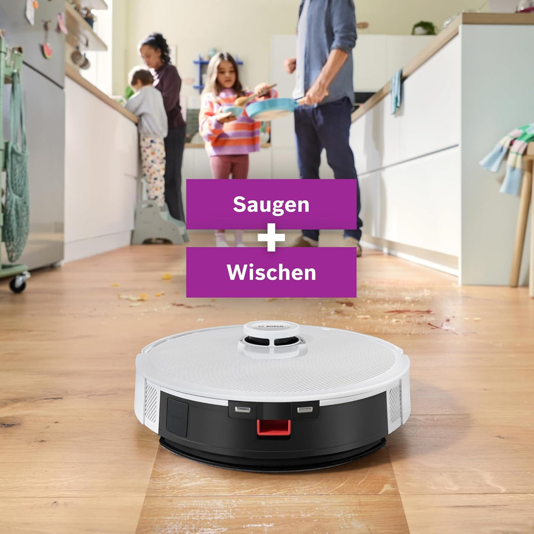 Bosch Spotless + BCRD1W Saugroboter mit Wischfunktion, 11.000 Pa Saugkraft, Wischpad, Trocken-Servic