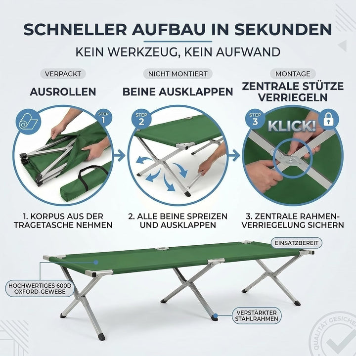GOODS+GADGETS Faltbares Army Feldbett aus Aluminium - klappbares Campingbett & Gästebett Grün, Grün