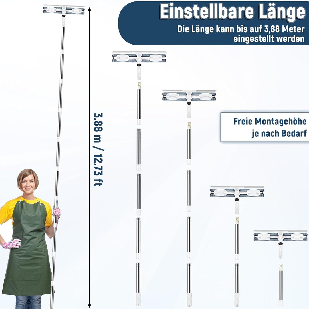 Fensterwischer Teleskop 388 cm, 2-in-1 mit 39 cm Reinigungskopf | Vielseitiger Fensterabzieher mit d