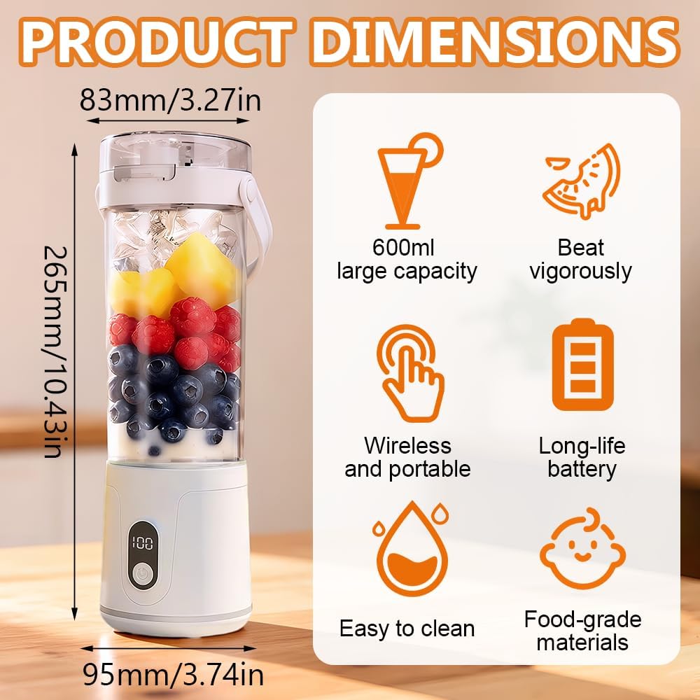 600ml Tragbarer Mixer, Smoothie Maker to Go, Mini Mixer mit 12 Edelstahlklinge, Wiederaufladbar Port