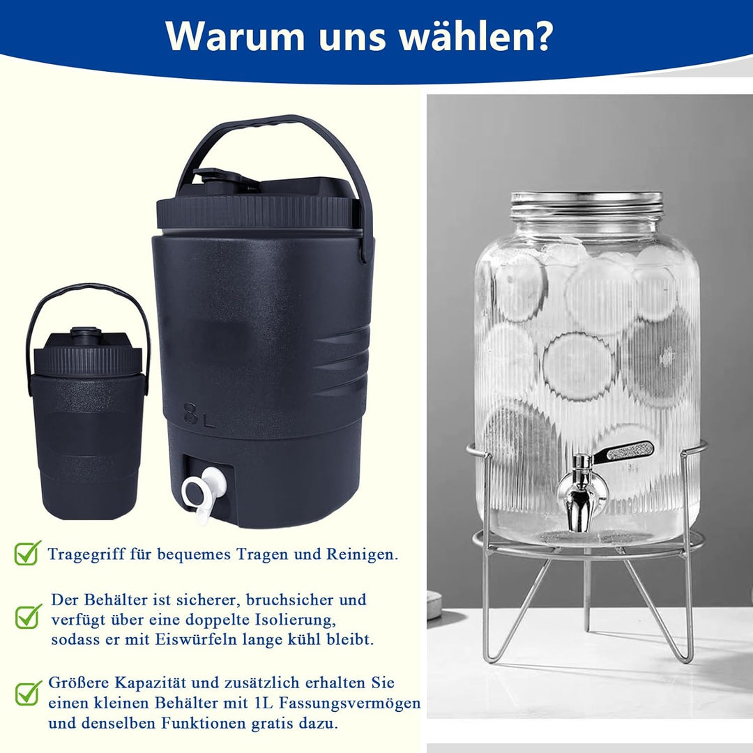 SISKEYCOOC 8L+1L Premium Getränkespender mit Hahn, Eiswürfelbehälter mit Deckel, Getränkekanister mi