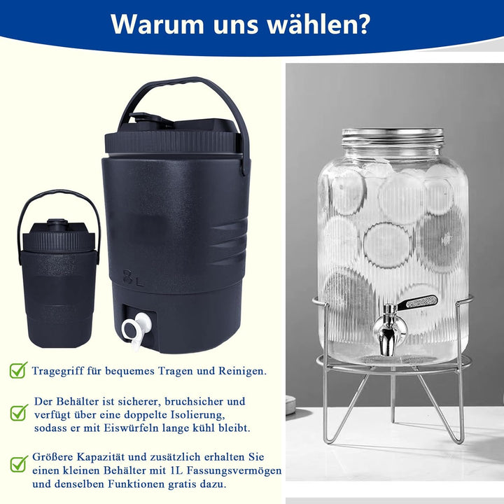 SISKEYCOOC 8L+1L Premium Getränkespender mit Hahn, Eiswürfelbehälter mit Deckel, Getränkekanister mi