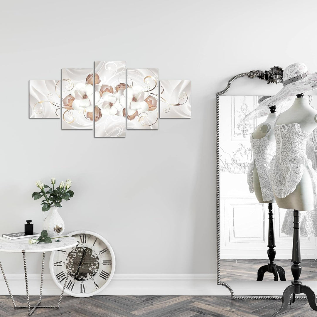 Runa Art Wandbilder Blumen Magnolien 5 Teilig Bild auf Vlies Leinwand Deko Wohnzimmer Abstrakt Grau