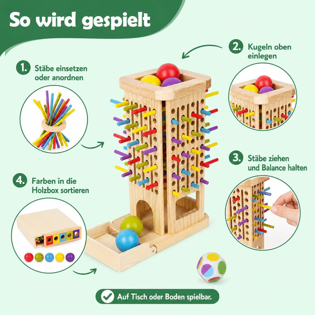 3-in-1 Montessori Spielzeug ab 3 Jahre, Holz Brettspiel mit Stäben | 40 Holzstäbe, Holzbox, Kugelfal
