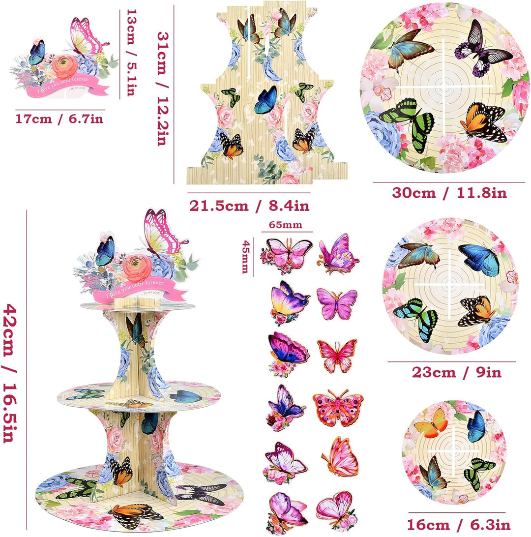 3 Etagen Rosa Schmetterling Ständer, Pappe Kuchenständer mit 12 Stück Schmetterling Tortenaufsatz, D