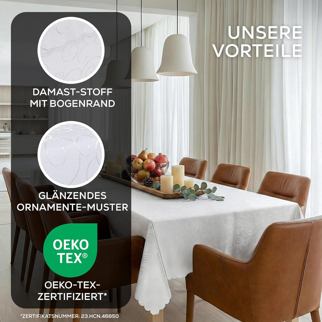 BEAUTEX Tischdecke Damast Ornamente - Bügelfreies Tischtuch - Fleckabweisende, Pflegeleichte Tischwä