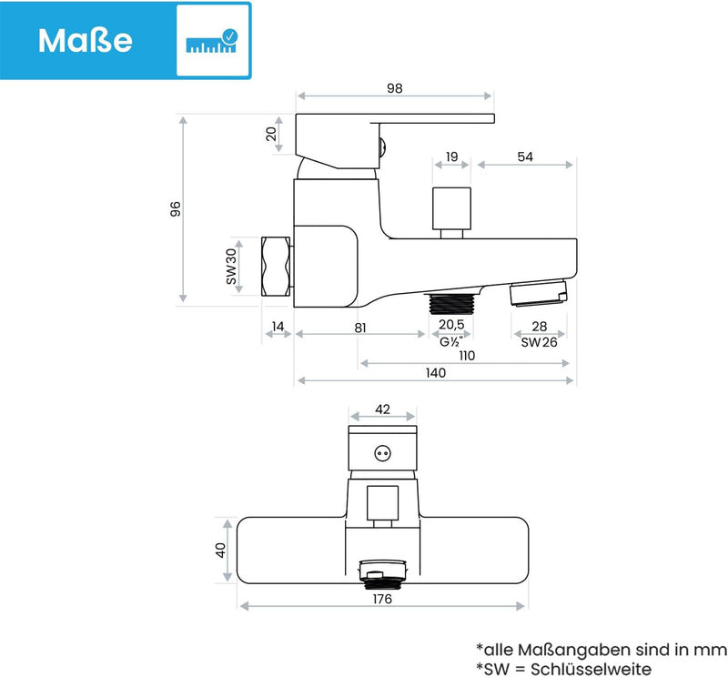 Bächlein Universal Badewannenarmatur Junias in Kantigem Design – Wannenbatterie Komplettset inkl. al