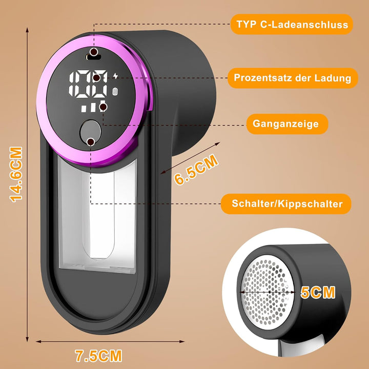 Fusselrasierer Elektrischer, Wiederaufladbar, 6 Präzisionsklingen, Typ-C-Ladekabel, LED Anzeige, 3 G