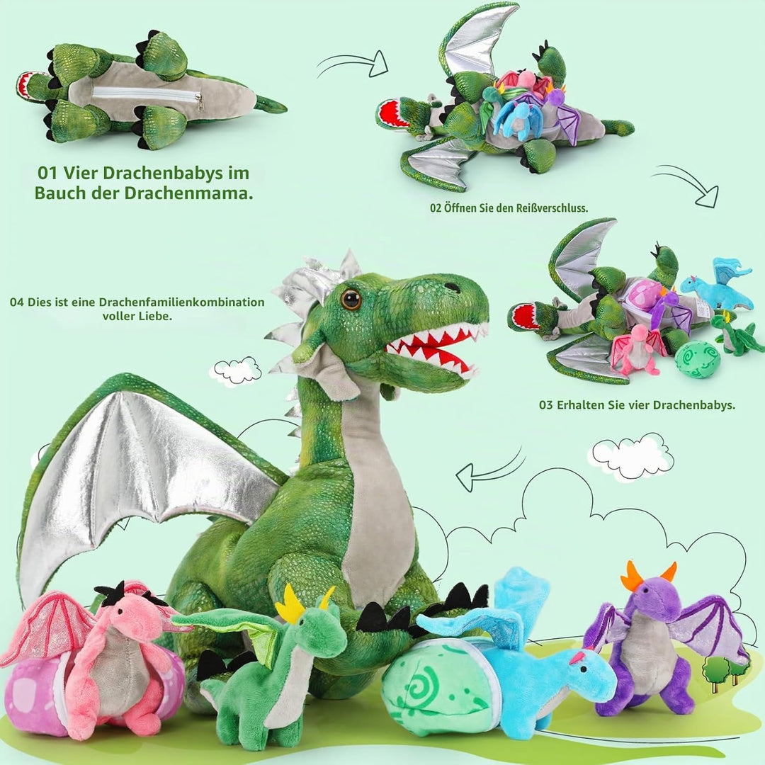 MorisMos 55cm Stehend Drache Kuscheltier mit Baby im Bauch, Grün Gross Plüschdrache Kuscheltiere XXL