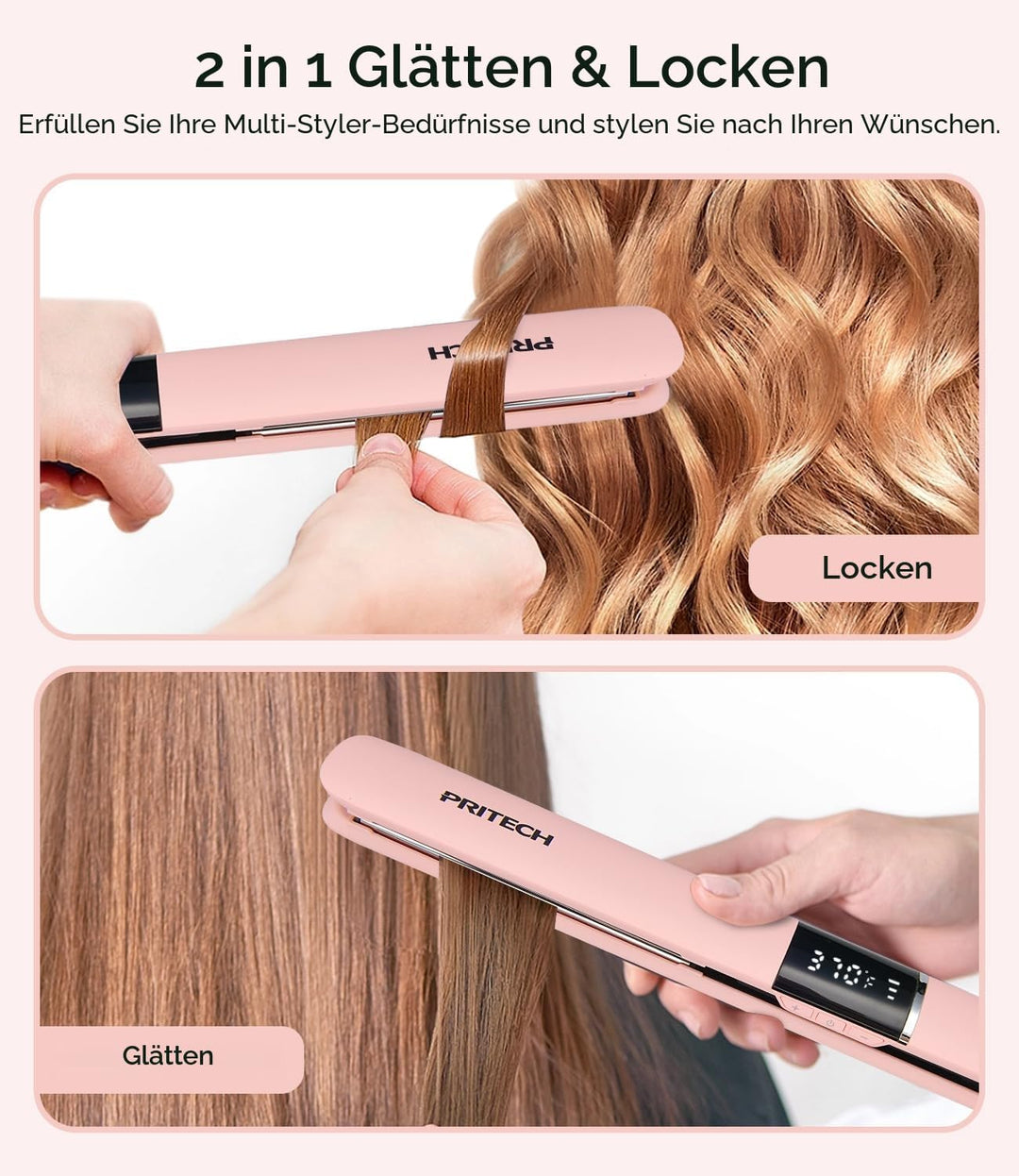 PRITECH Haarglätter, Heizplatte aus Titan, LCD-Display, Flacheisen aus Titan mit einstellbarer Tempe