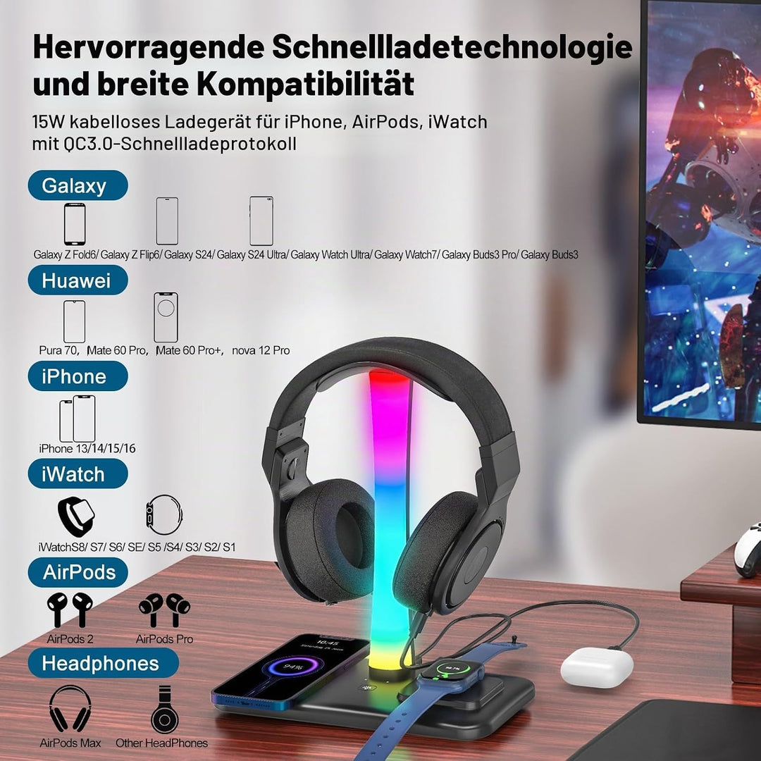 Padwa Lifestyle Wireless-Ladegerät mit RGB-Kopfhörer-LED-Ständer, mit 2 x USB-Anschlüssen und 1 x Ty