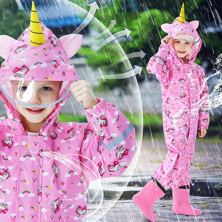 Regenmantel Kinder Mädchen Regenanzug Atmungsaktiv Wasserdicht Kapuze Einteilig Leicht Matschanzug O