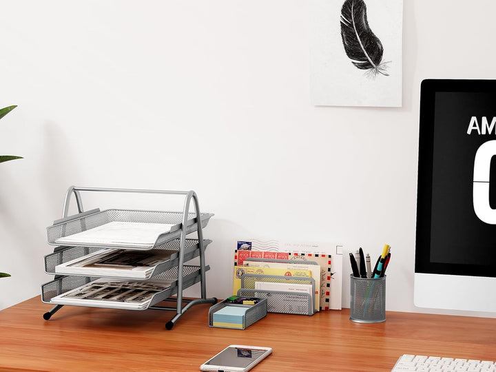 EasyPAG Metall Büro Schreibtisch Organizer 4er-Set, 3 Fächer A4 Dokumentenhalter Aktenablage Zeitsch