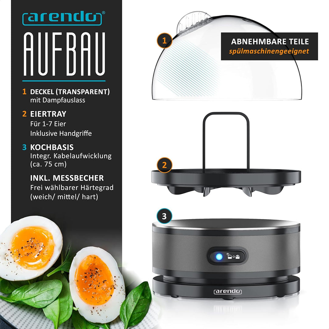 Arendo Sevencook Eierkocher 400 W – Edelstahl Design - 1-7 Eier - Egg Cooker - EIN/AUS-Schalter – 3