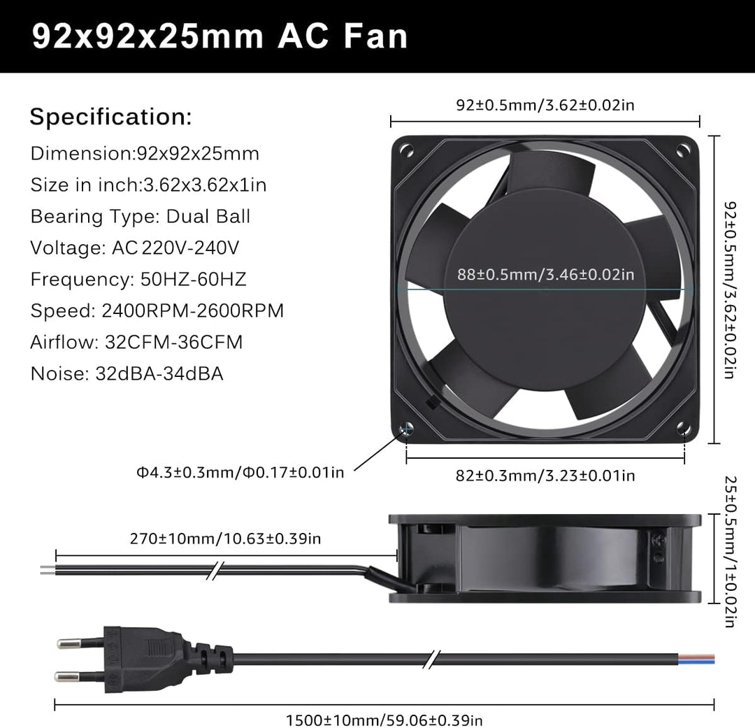 GDSTIME 230V Lüfter 92mm AC 92 x 25mm 220V Lüfter Dual Kugellager Axiallüfter, 92 x 25mm