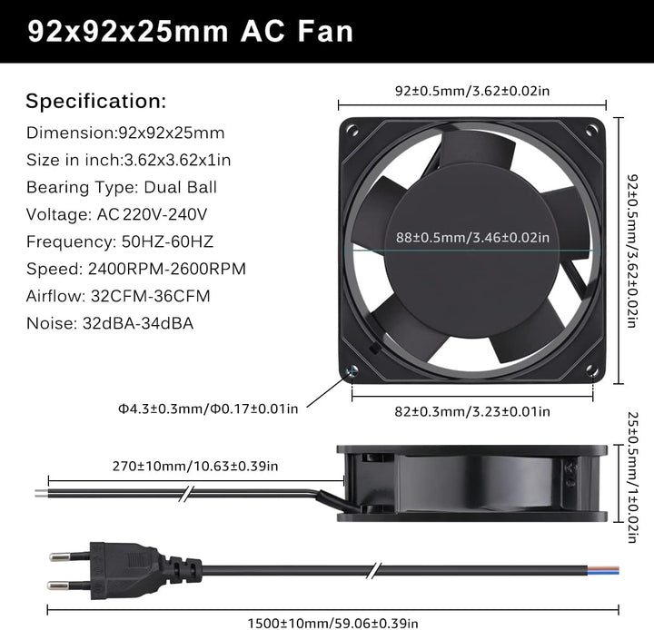 GDSTIME 230V Lüfter 92mm AC 92 x 25mm 220V Lüfter Dual Kugellager Axiallüfter, 92 x 25mm
