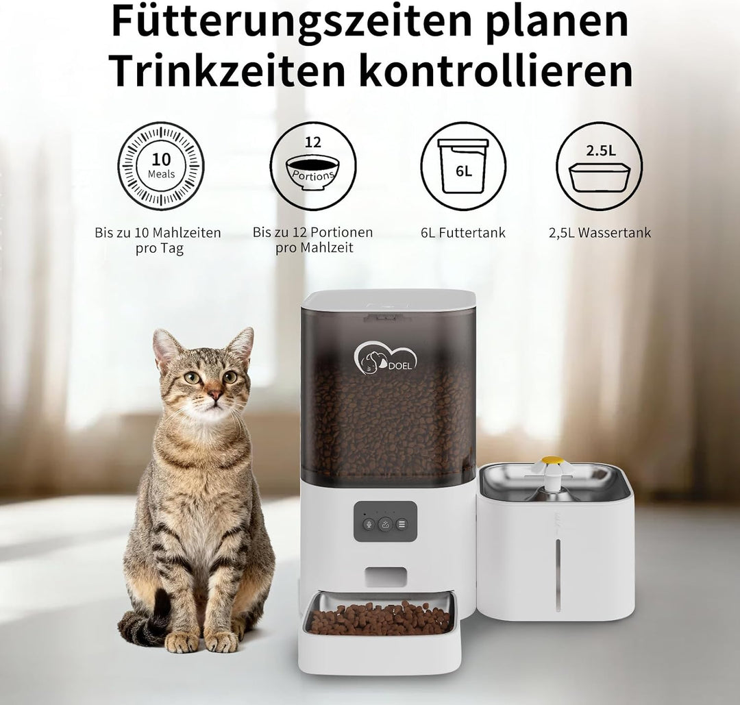 DOEL 2-in-1 Automatischer Katzenfutter und Wasserspender, 2,4G/5G WiFi | Grossraum, App-Steuerung, S
