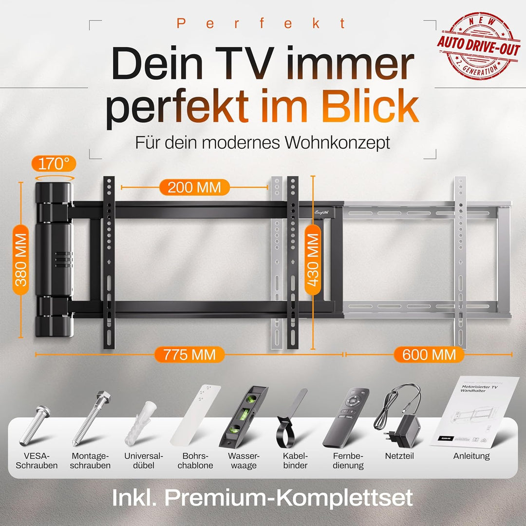 EasyLife – Elektrische, Schwenkbare TV-Wandhalterung mit Auto-Drive-Out, Ultraschlank 56mm, leiser M