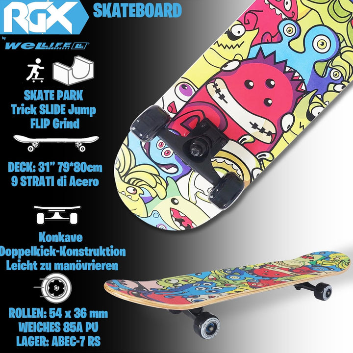 WeLLIFE Skateboard für Anfänger, 80x20cm Holz Skateboard Kinder, Jugendliche Erwachsene,ABEC-9 Kugel