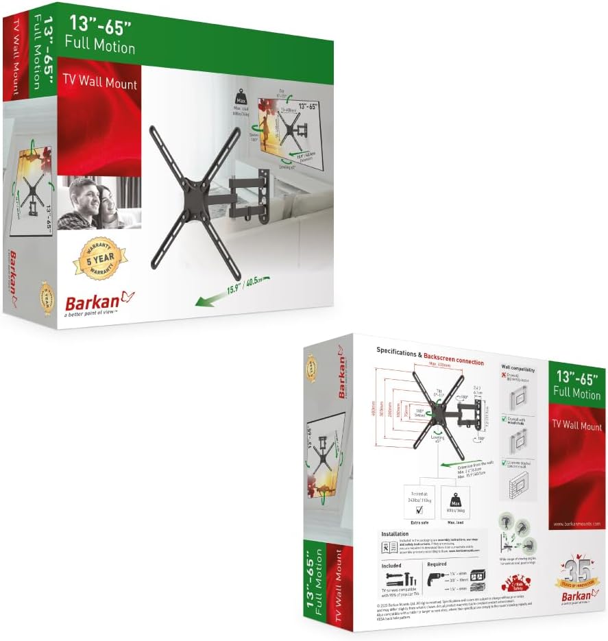 Barkan TV Wandhalterung, 13-65 Zoll Schwenkbar/Neigbar/Vollbewegung TV Halterung, hält bis 36Kg, für