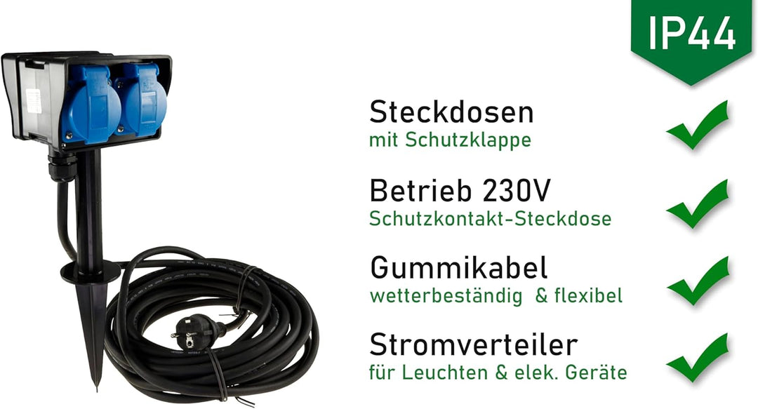Steckdosenblock für Aussen 2-fach Verteiler 2m Kabel Erdspiess-Steckdose IP44 230V Aussen-Steckdose