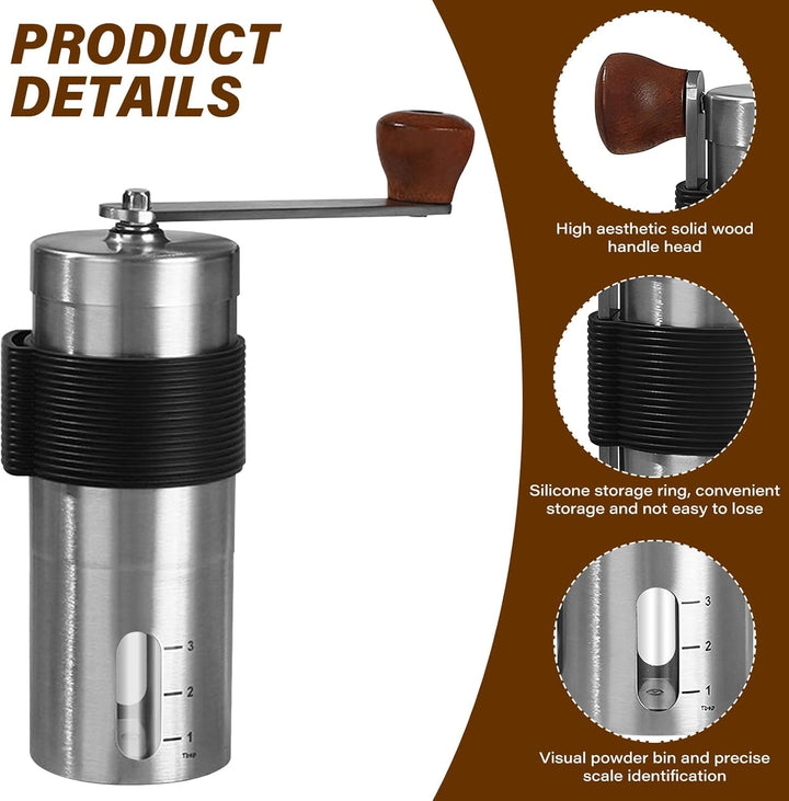 Kaffeemühle Manuell, Keramikmahlwerk Verstellbarer Mahlgradeinstellung 304 Edelstahl, Mini Hand Kaff
